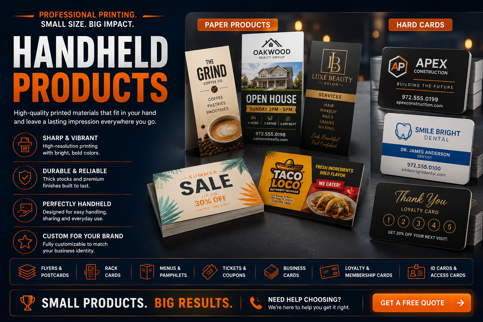 Paper products, business cards and durable hard cards